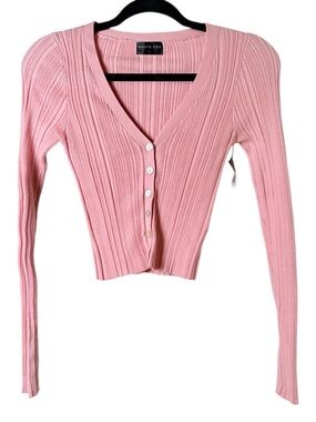 White Fox Small Ribbed V-Neck Button Crop Cardigan - Pink